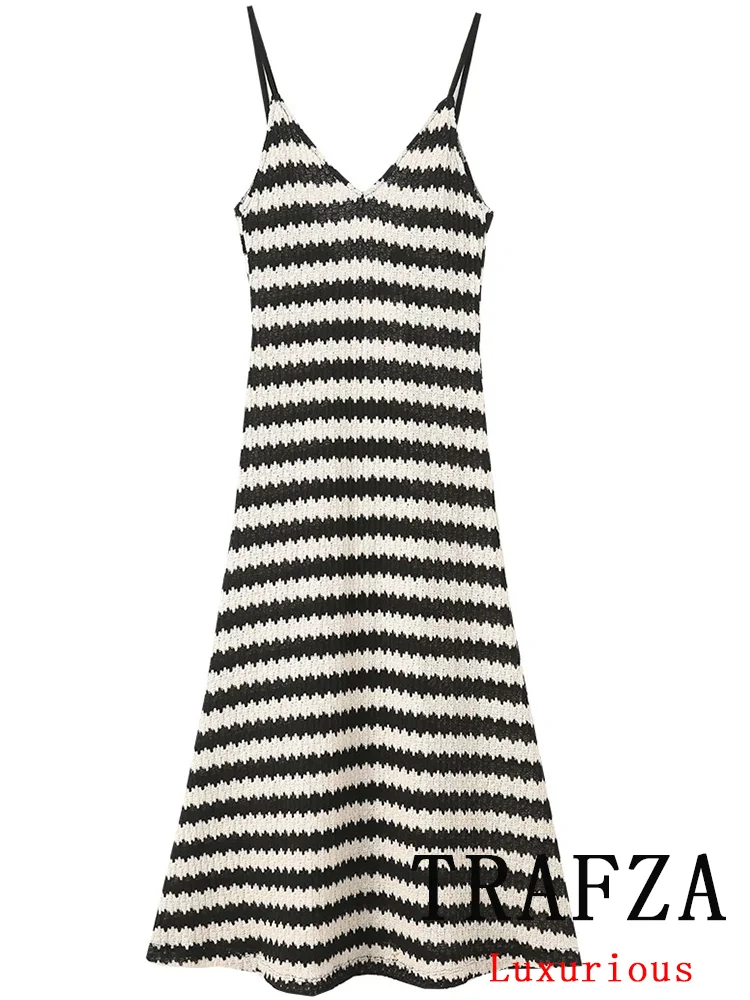 TRAFZA Sexy Chic Striped Knitted Women Dress V Neck Loose Long Dress New Fashion 2024 Autumn Party Female Cami Dress