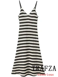 TRAFZA Sexy Chic Striped Knitted Women Dress V Neck Loose Long Dress New Fashion 2024 Autumn Party Female Cami Dress