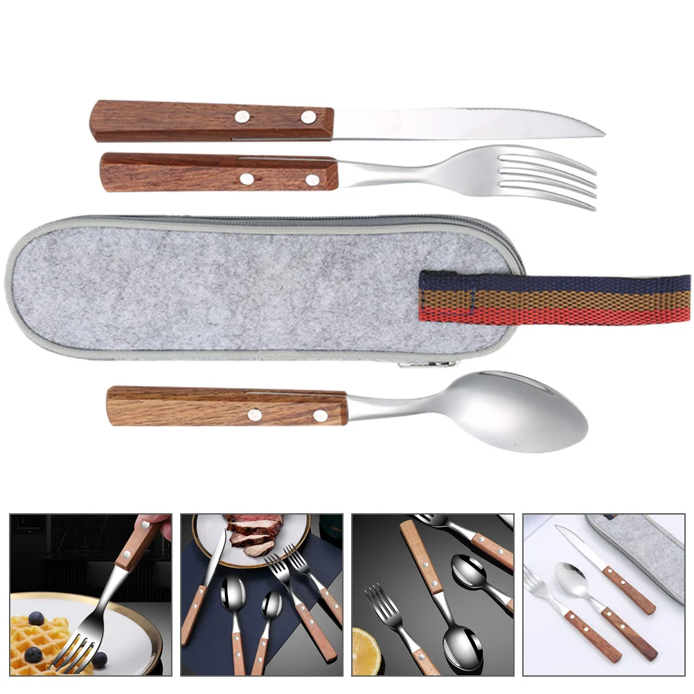 

1 Camping Tableware Kit Stainless Steel Wood Utensils For Outdoor Picnic Travel Lunch Portable Cutlery Set With Bag For Camping