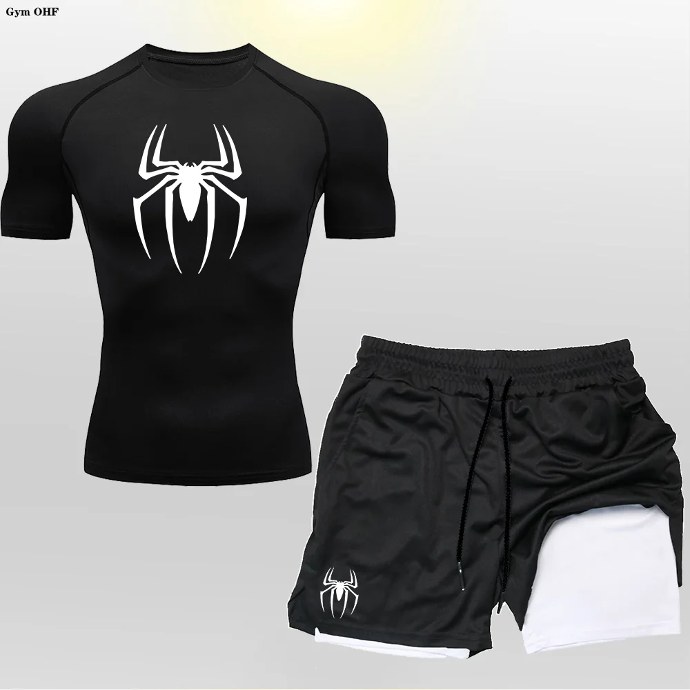 Spider Set Men Compression T Shirt Shorts 2 in 1 Double-Deck Fitness Sports Suits Men Clothing Gym Short Sleeve Top Pant Running