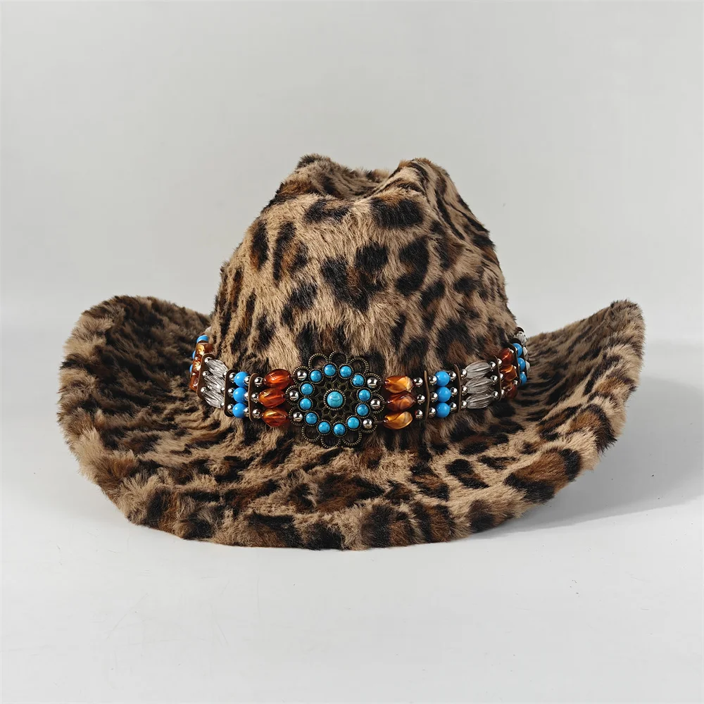 Leopard Print Rabbit Fur Cowboy Hat 7.5 cm Western Cowboy Fedora Men and Women's Panama Fashion Travel Party Hat Warm Cowboy Hat