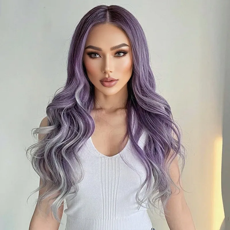 

Ladies Wig Long Wavy Women's Wig Synthetic Purple Hair Wigs+Wig Cap