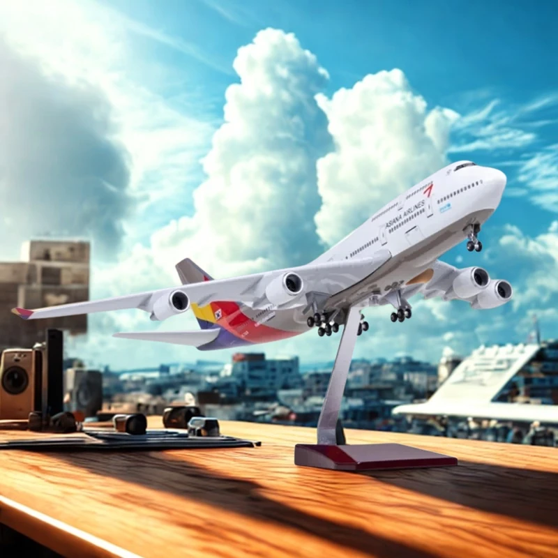 

Scale 47cm Asiana B747 Resin airplane kids toys Aircraft Model Miniature Plane With Wheel Light for Collection Of Presents