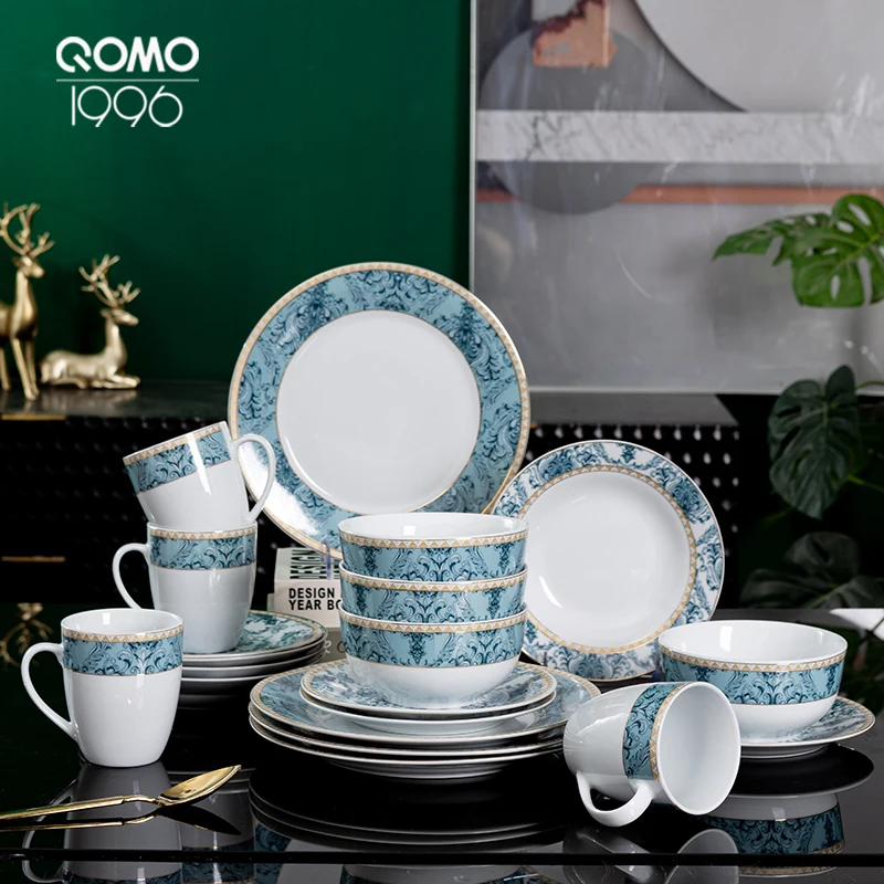 Fine Bone China Dinnerware Set 20Pcs Classic Relief Pattern Gilt Edged High Grade Porcelain Tableware Sets For 4 People