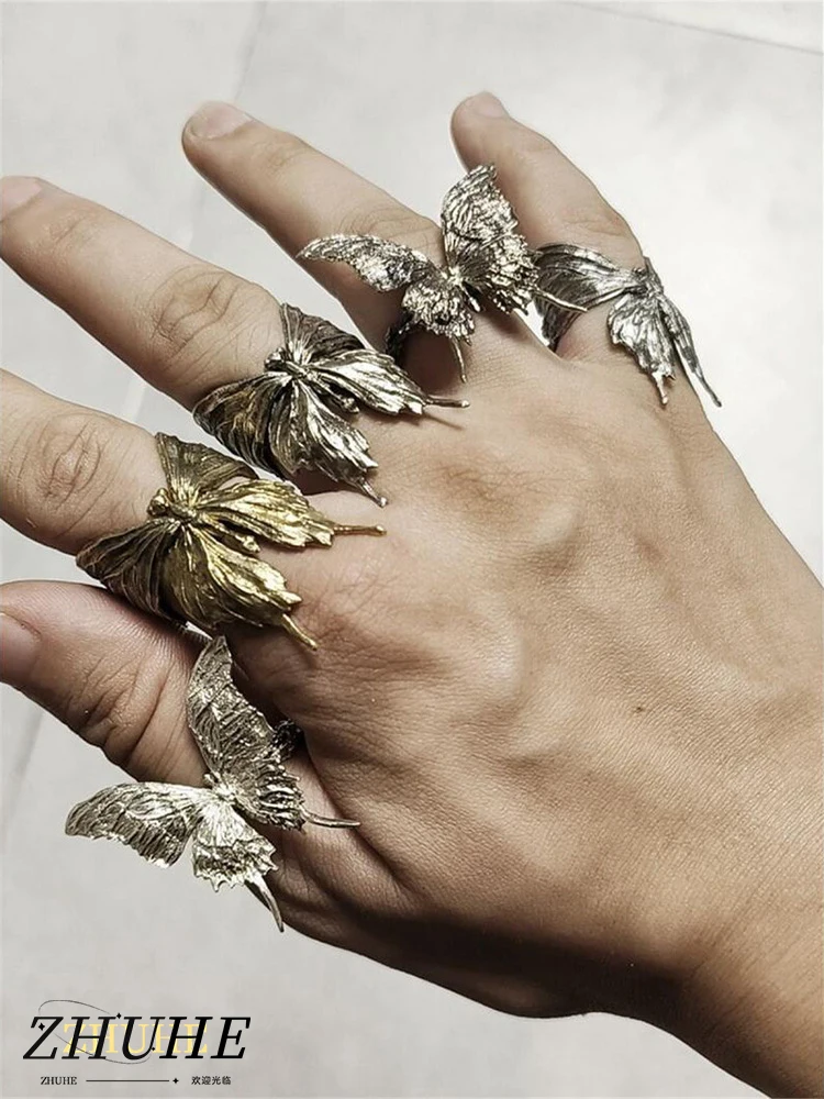 Skulpturaler Schmetterlingsring aus Kupferlegierung, Schmuckzubehör, offener Statement-Fingerring für Männer und Frauen, Retro Gothic Insect C