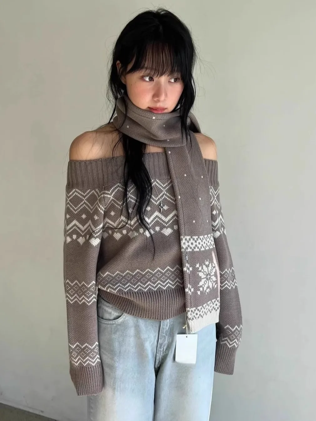 

Chic Korean Sle Knitted Sweater oulder Bared One-oulder Floral Embroidery All-Match Winter Faion with Scarf Women's C...