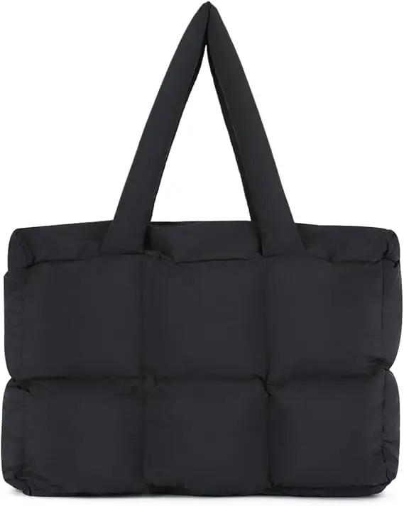 Korean Style Padded Tote Bag For Women Black Quilted Grid Soft Puffy Underarm Shoulder Bag Versatile Daily Handbag