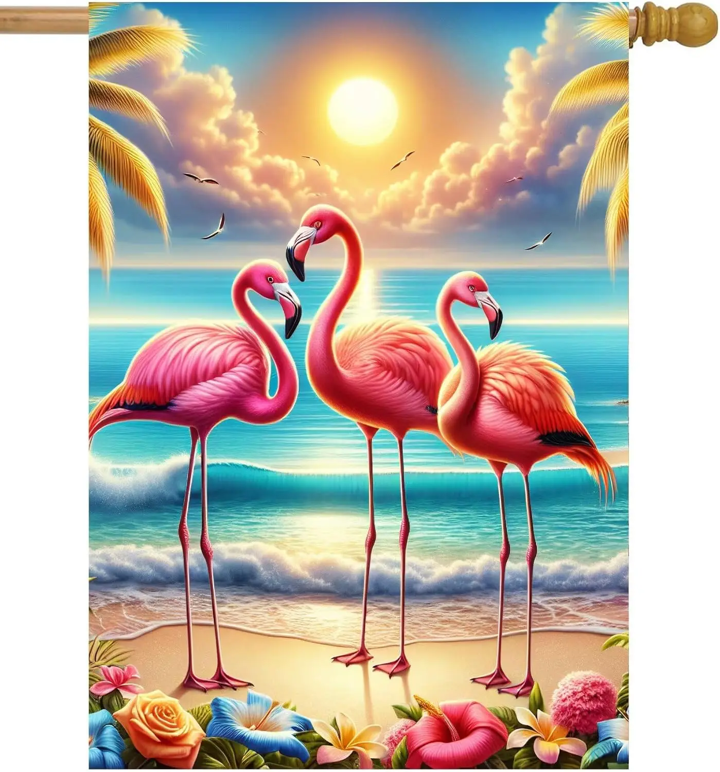 Flamingo Birds Beach Ocean Seaside Floral Flowers Summer Sun Garden Flag 28 x 40 Inch, Double Sided Outdoor Decorative Welco SSL