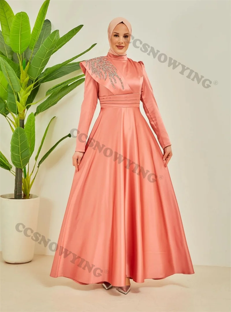 

Appliques Satin Hijab Muslim Evening Dresses Long Sleeve High Neck Islamic Formal Party Gown Arabic Dubai Robes De Soirée