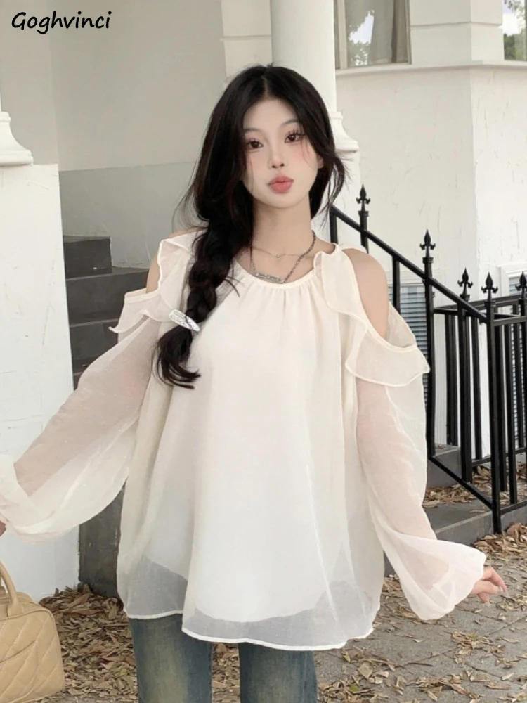 

Solid Blouse Women Long Sleeve Off Shoulder Loose Fit Spring Korean Style Fairycore All-match Design Elegant Female Tops Mujer