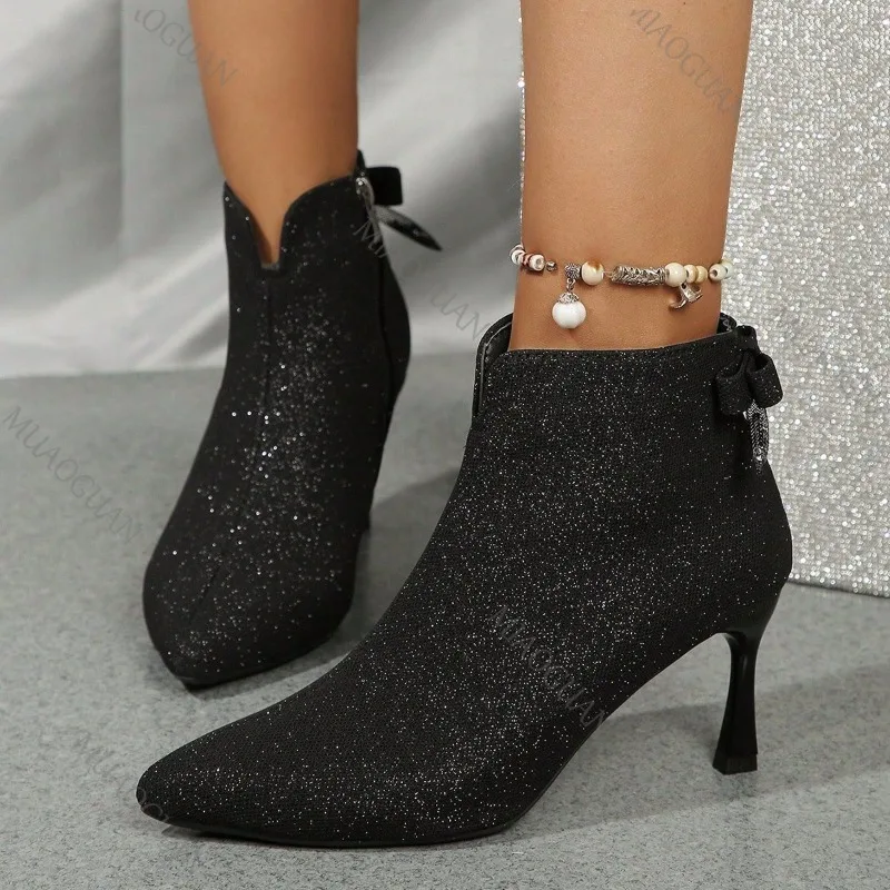 Botines negros elegantes con punta estrecha para mujer, zapatos sexis de tacón alto, zapatos de moda para mujer, nuevos botines cortos ostentosos de otoño para mujer