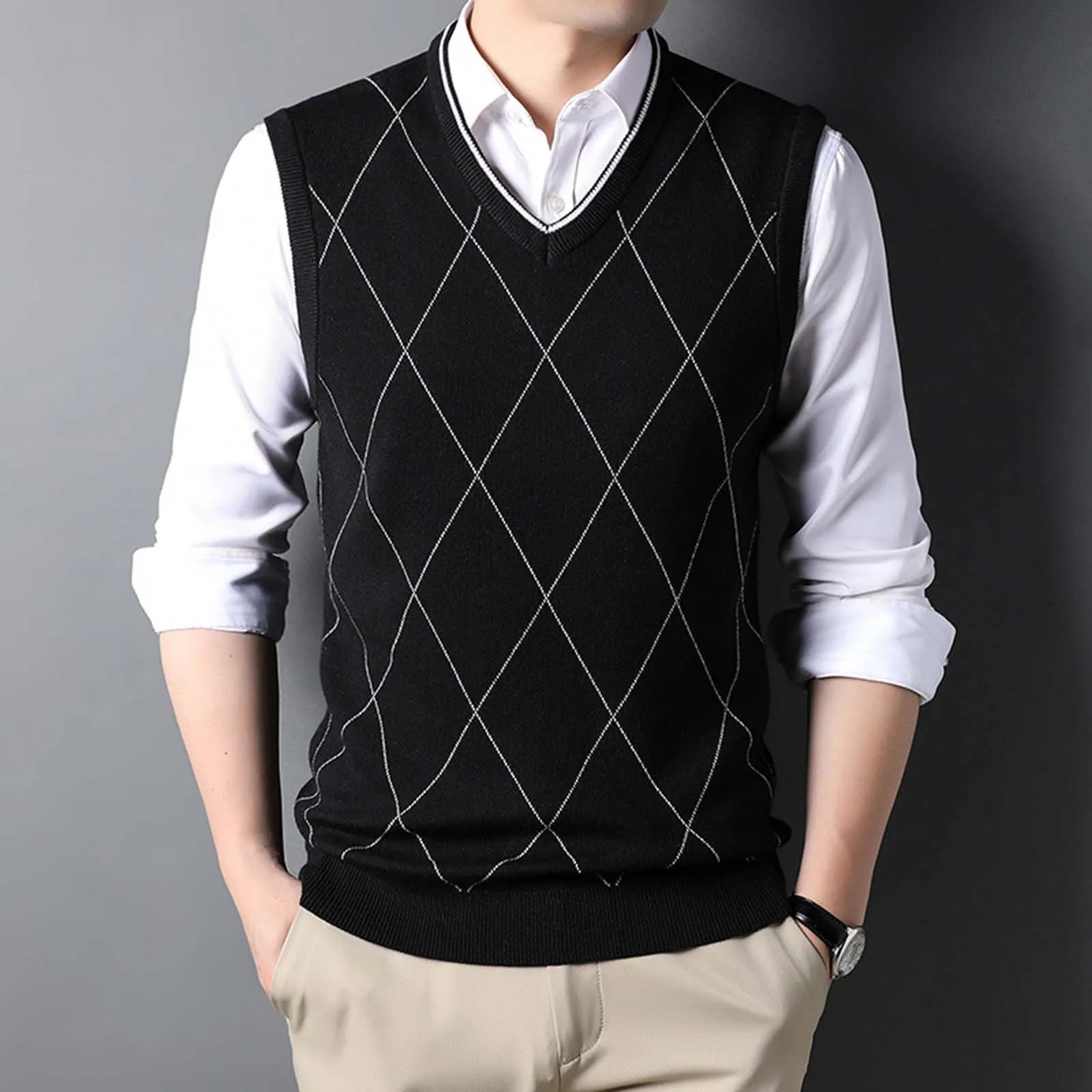 Men Knitted Sweater Vest Fashion Casual Jacquard V Neck Knit Bottomed Plaid Shirt Sleeveless Sweaters Vest Woolen Tops Autumn