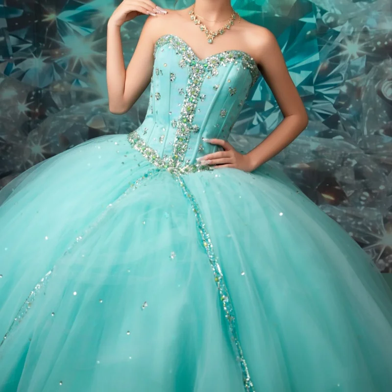 

Mint Green Quinceanera Dresses Off the Shoulder Glitter Crystal Decal Long tail Vestidoe 15 Quinceanera Customize