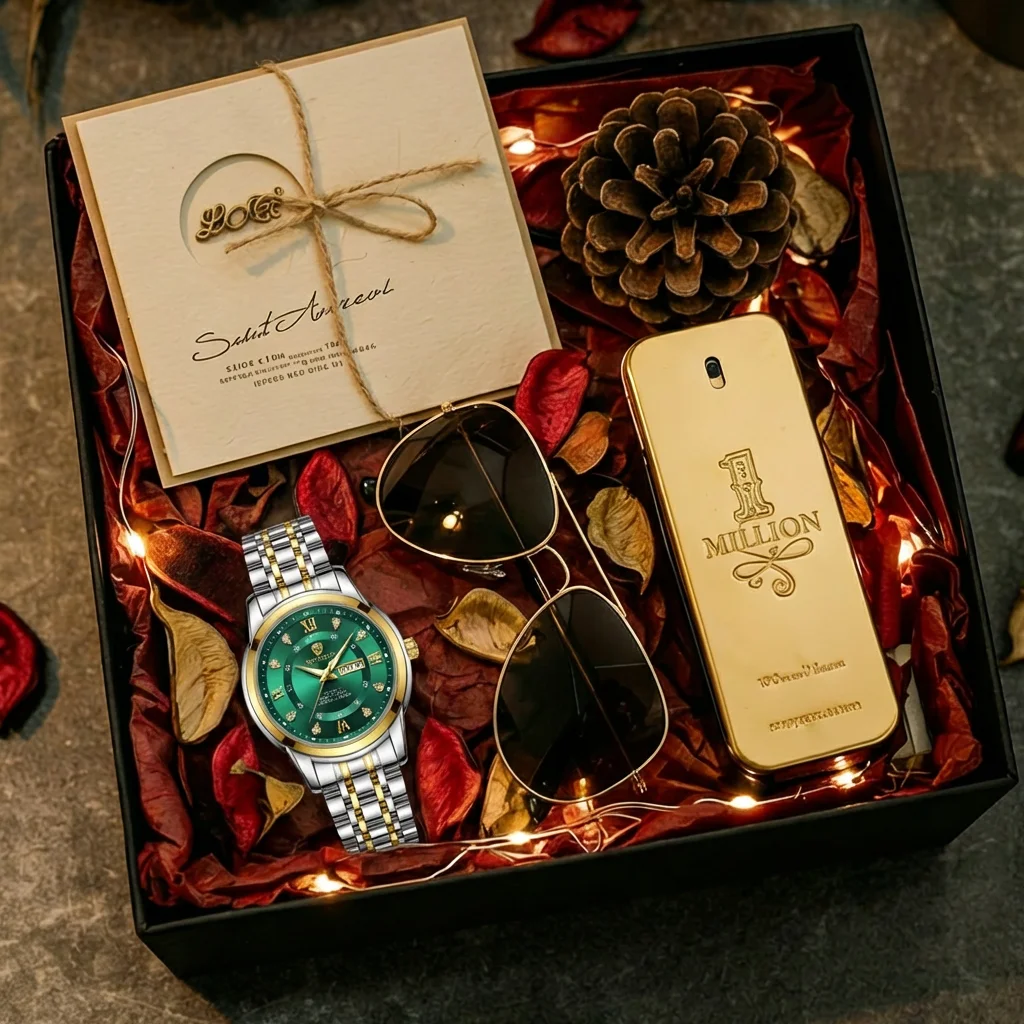 4pc Men's Green Dial Two-tone Metal Fashion Rhinestone Roman Numerals Quartz Watch Gift Set with Sunglasses Perfume,Daily Wear
