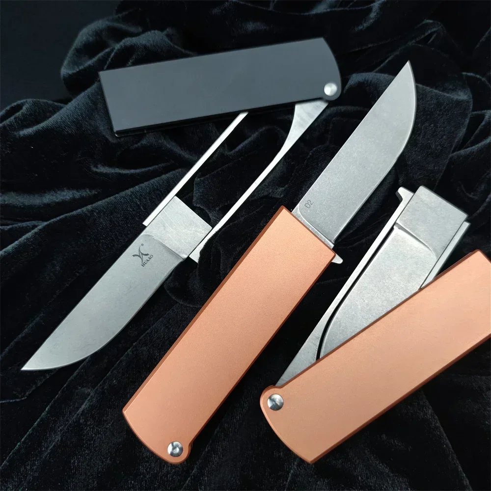 HUAAO Trapper Folding Pocket Knife D2 Blade T6 Aluminum Handle Outdoor Tactical Survival Knives Camping EDC Tool Collection Gift