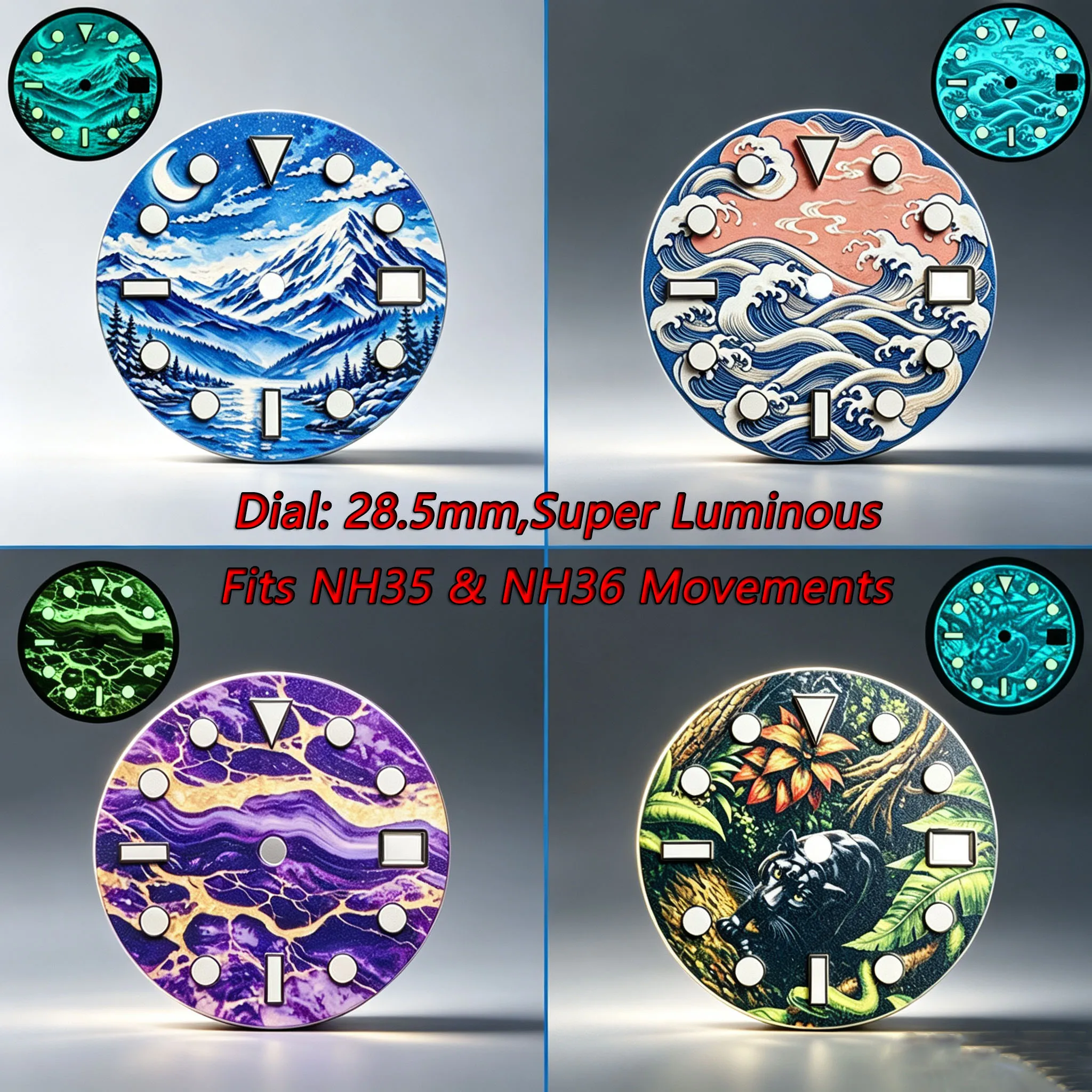 MechJazz Multiple Options 28.5mm UV Printed Watch Dial, Super Luminous, Fits NH35, NH36 Movement, Watch Modification Parts