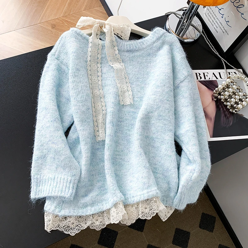 

Свободный кружевной вязаный свитер для женщин, нежный сладкий дизайн с поясом, 00% чистая шерсть, осенняя мода, мягкий уютный