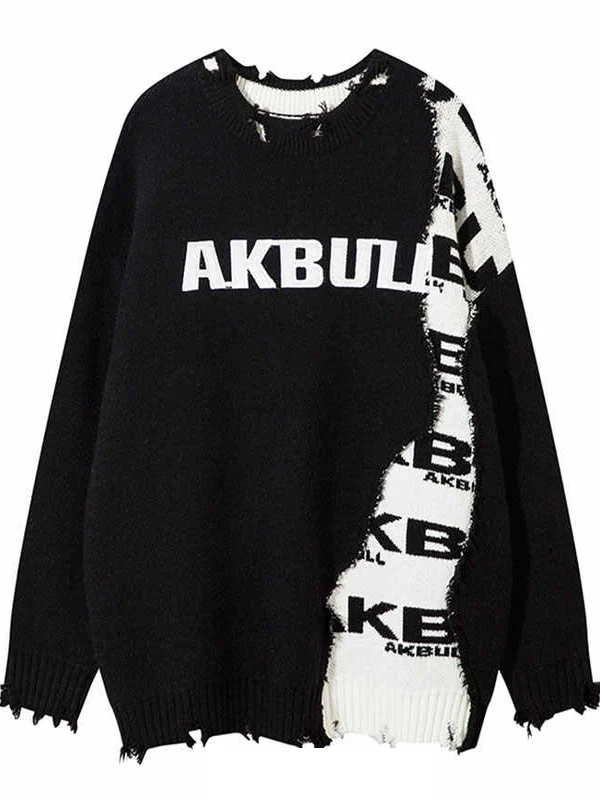 

Retro American Torn Letter Patchwork Sweater Loose Casual Knitted Top for Men And Women Youth Faion Winter Long Sve