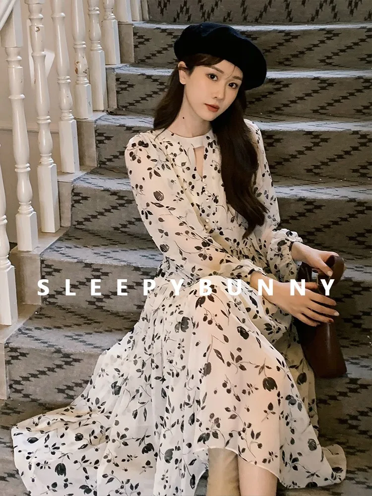 Floral Midi Dress Women Sweet A-Line Long Sleeve Hollow Out Dress Elegant High Waist Casual Long Dress Daily or Vacation Outfits