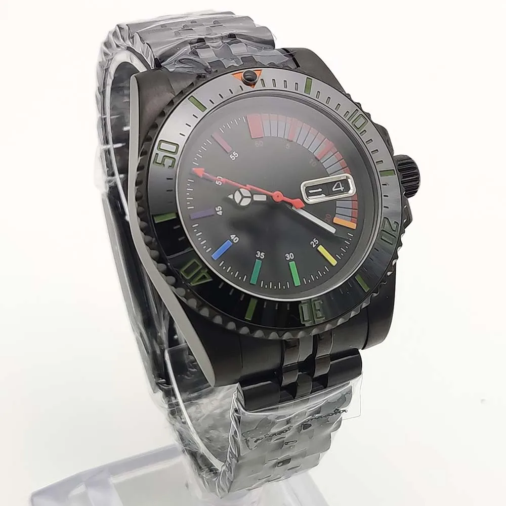 Men's Waterproof Watch, Black PVD Stainless Steel Case, Sapphire Crystal, Transparent Back, Ceramic Bezel, NH35 Watch