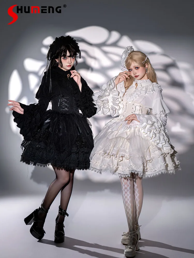 

Original French Elegant Court Style Lolita Blouse Ruffles Stand Collar Flared Long Sleeves Versatile Retro Shirts for Women Tops