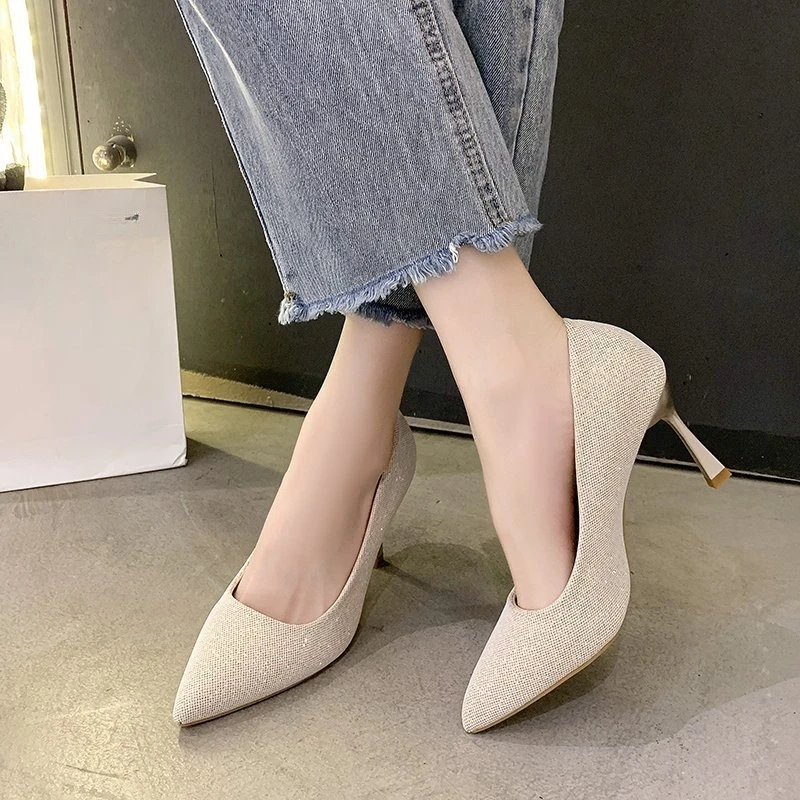 Slip-on Slim Heel Single Shoes Fashion Pointed Toe Shallow Mouth Cloth Surface Anti-Slip Wear-Resistant High Heels
