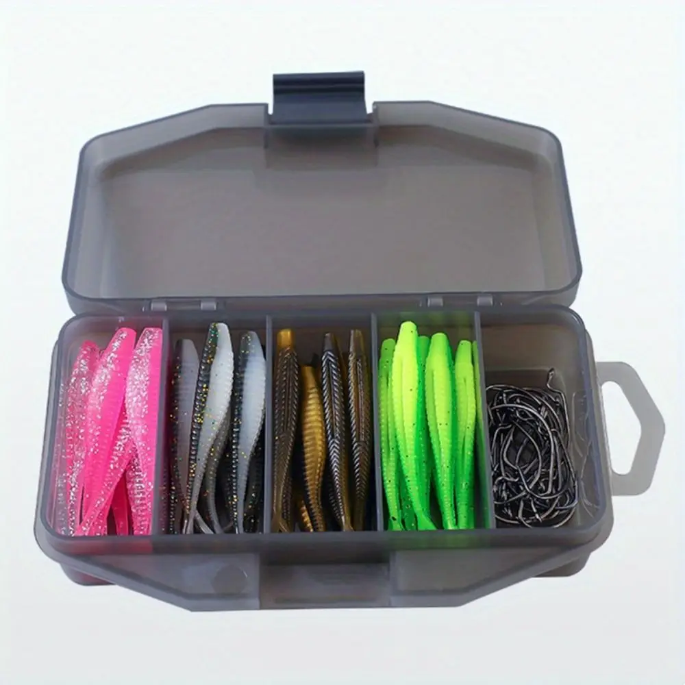 61pcs Crank Hooks Fishing Soft Bait Set with Storage Box Fork Tail Bionic Fish Bait Set Waterproof Swimbaits Fishing Tackle Set