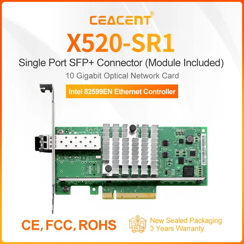 

X520-SR1 Intel 82599EN PCIe 2.0 x8 10G Server Network Card, 1 Port with SFP+ Transceiver Included, Low profile & Full Height