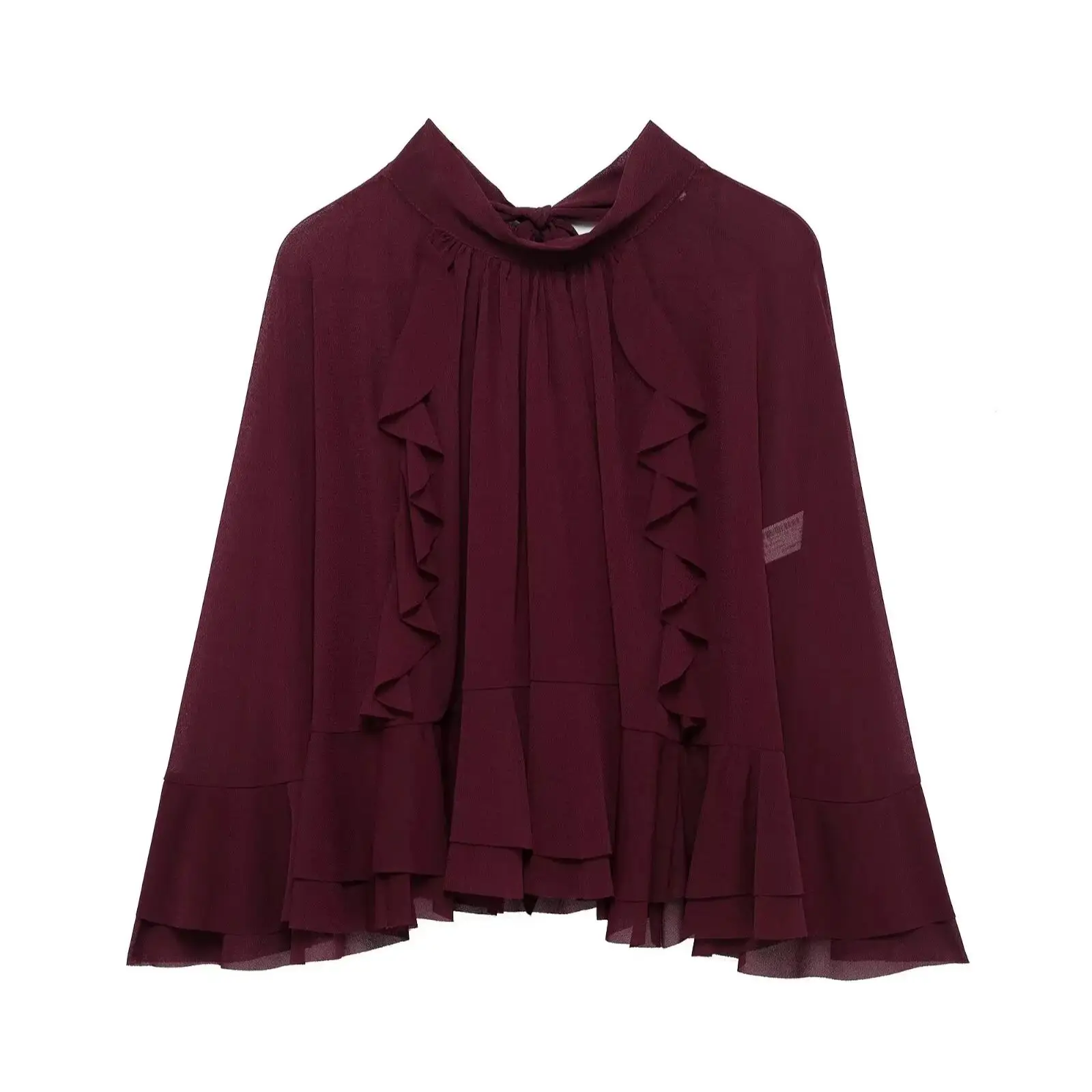 

Zevity 2025 Women Fashion Stand Collar Pleat Ruffles Loose Cloak Blouse Female Back Bow Tied Smock Shirt Blusas Chic Tops LS2613