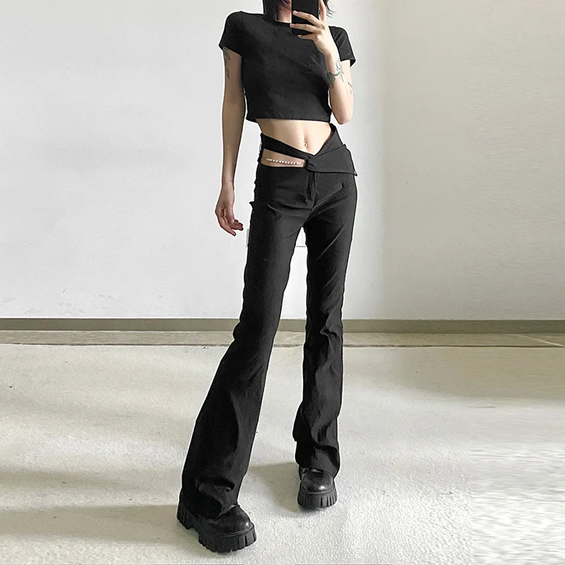 

2023 Harajuku Y2k Spring Summer Women New Fashion Street Hollow-Out Fashion High-Waisted Slimming Pearl Chain Casual Pants Tide