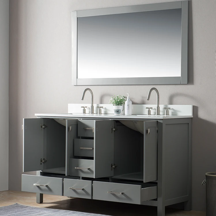 m 60 Inch Grey Solid Wood Matched Luxury  Bathroom Vanity Furniture m