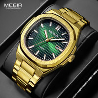 MEGIR Men's Classic Dress Watch with Golden Stainless Steel Band Oval Green Dial Waterproof Quartz Wristwatch with Luminous Hand