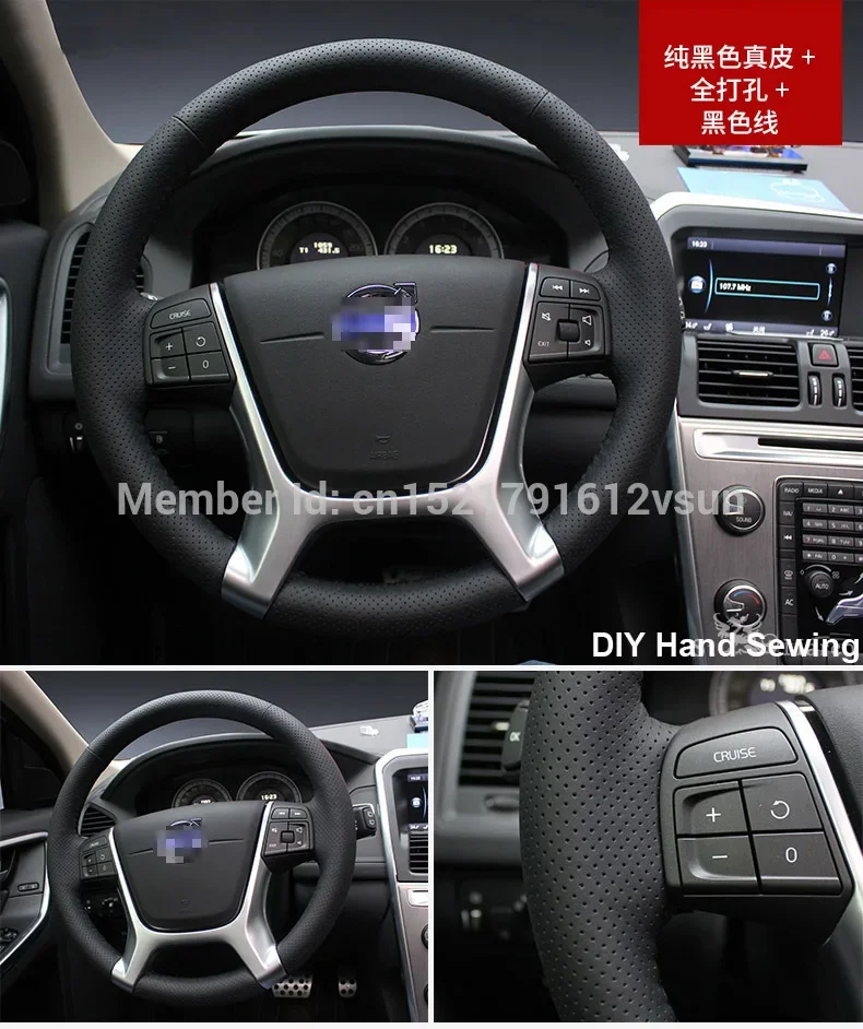 For Volvo xc60 High Quality Hand-stitched Anti-Slip Black Leather Black Thread DIY Steering Wheel Cover