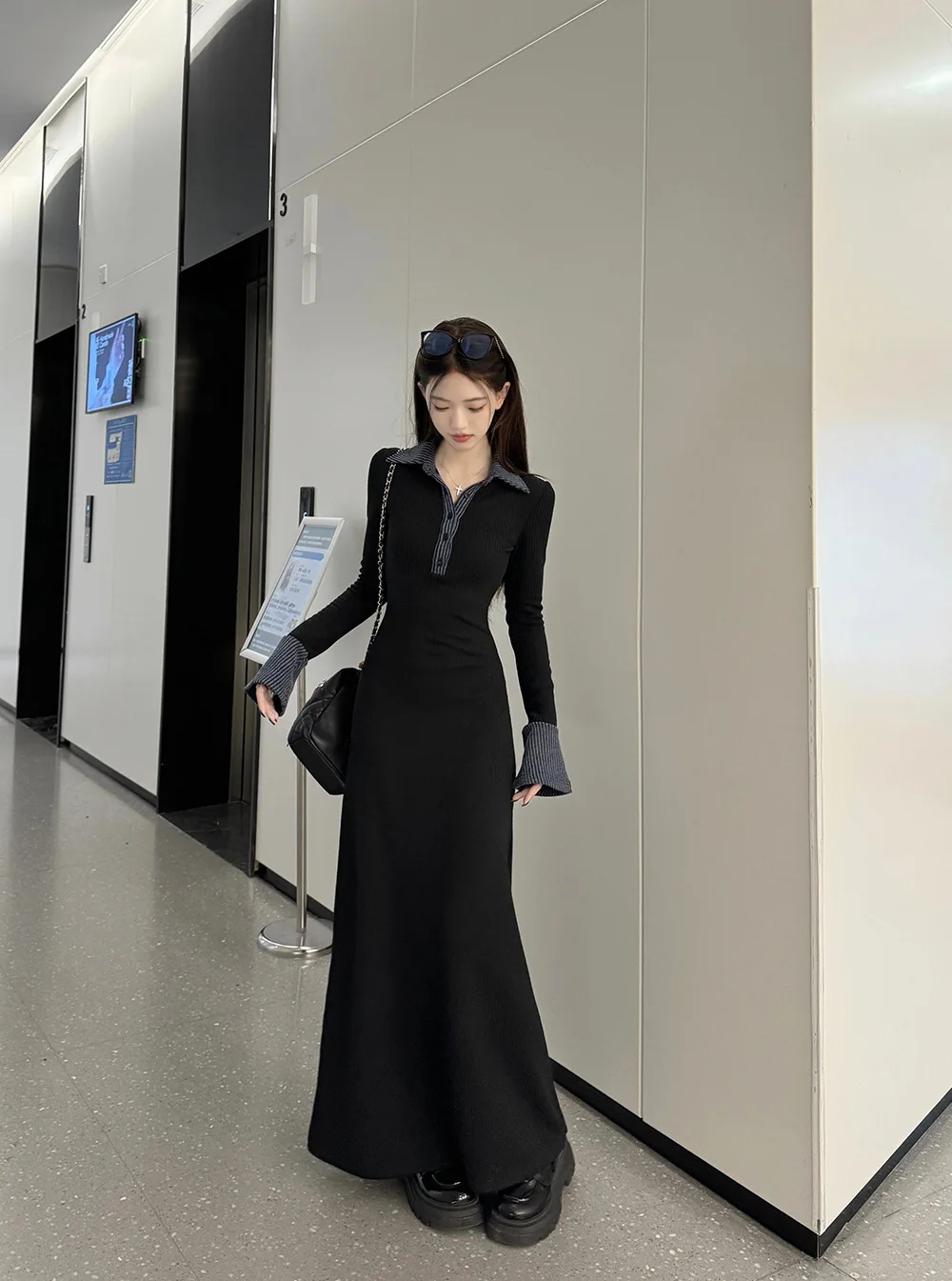 المرأة السوداء طويلة الأكمام قميص طوق فستان 2026 الخريف الشتاء الخصر Cinched سليم صالح تكدرت هيم أنيقة الأعمال فستان كاجوال