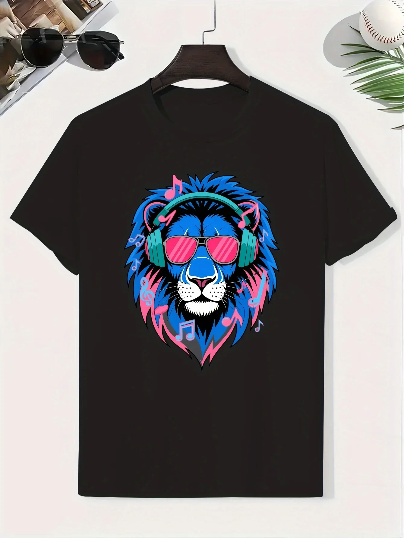 Colorful Music Note Surrounded Cool Lion Head Graphic Black Short Sleeve Top Hip Hop Animal Music Lover Casual Daily Tee