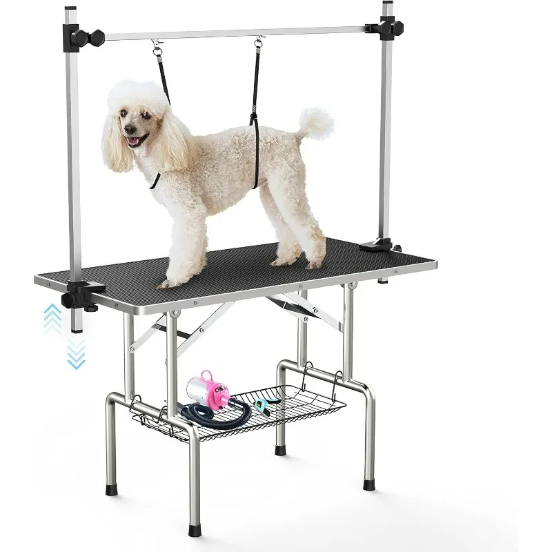 46''Large Dog Grooming Table, Adjustable Cat Drying Desktop with Arms, Nooses, Mesh Tray, Foldable Pet Station at Home