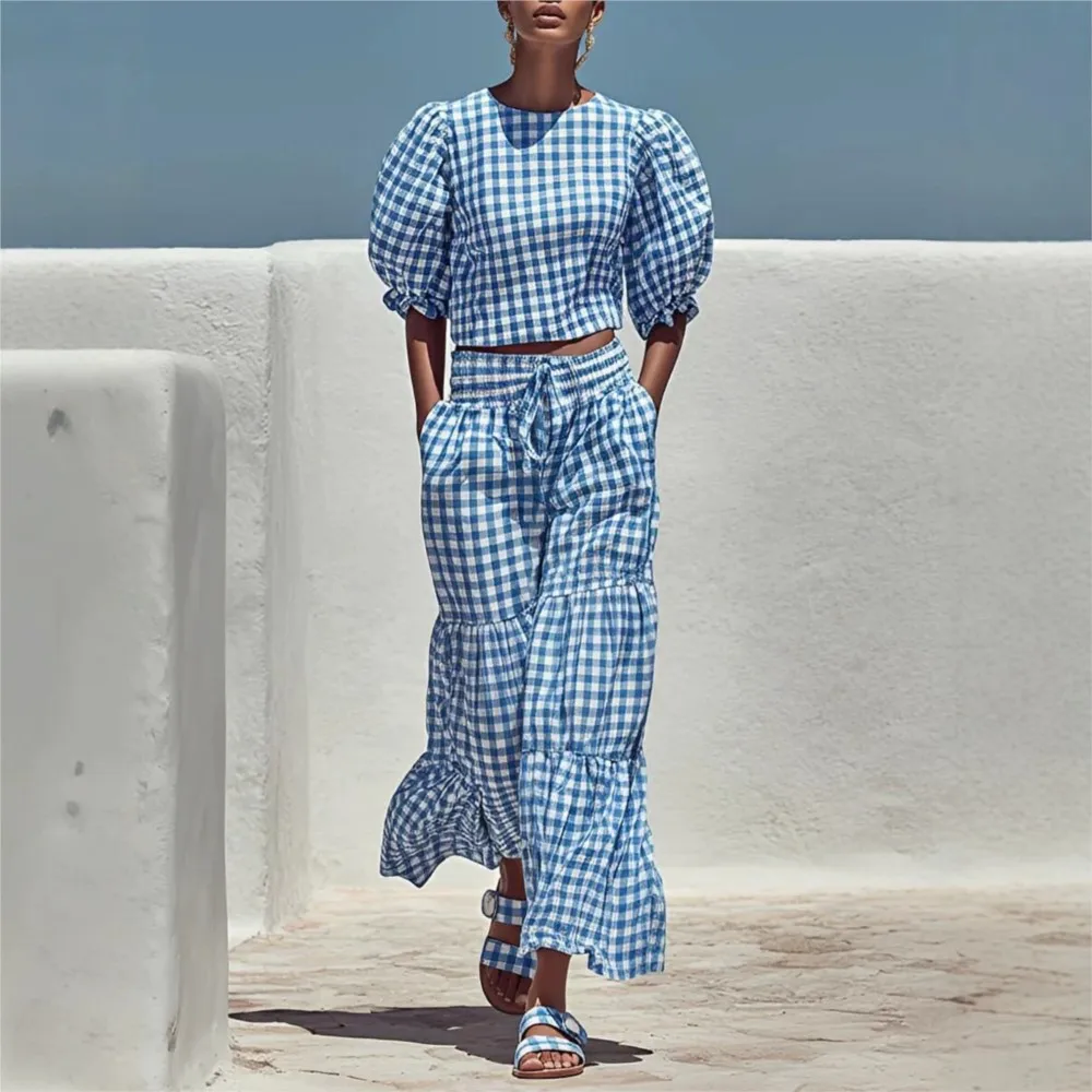 2026 New Woman 2 Piece Set Outfit Fashion Plaid Top And Long Pants Two-piece Suit Contrast Simple Style Casual All-match Trendy