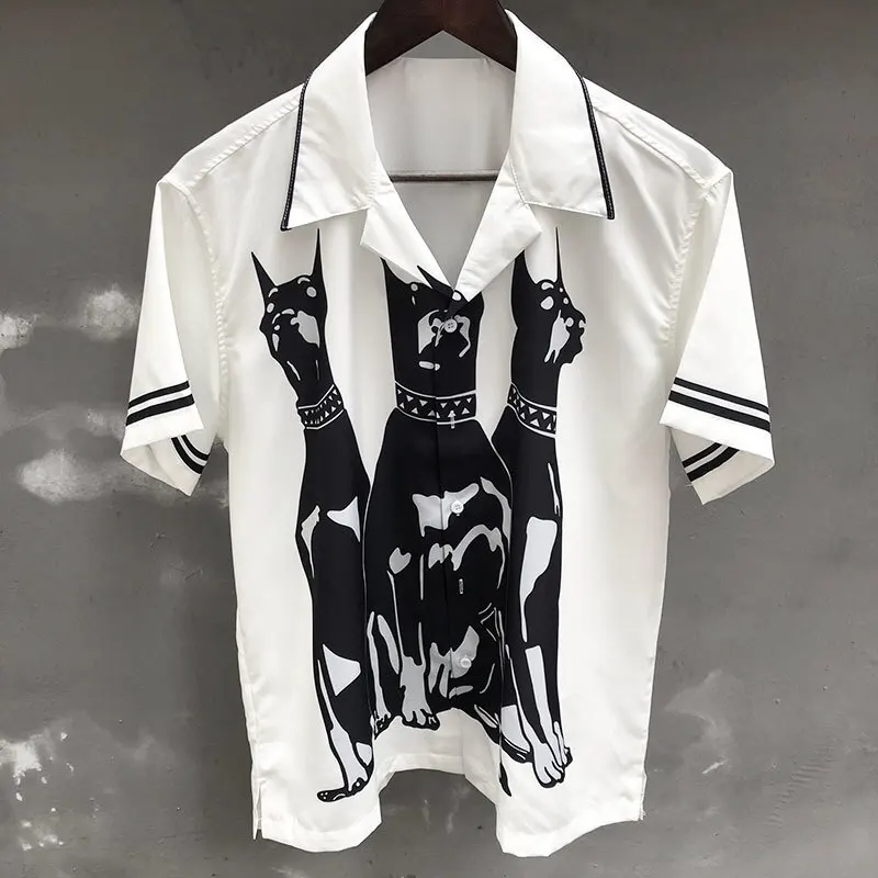 

Animal Dog Print Pattern Short Sleeve Casual Men Shirt White Vintage Shirt Streetwear Summer Camisa Fashion Masculina Shirt