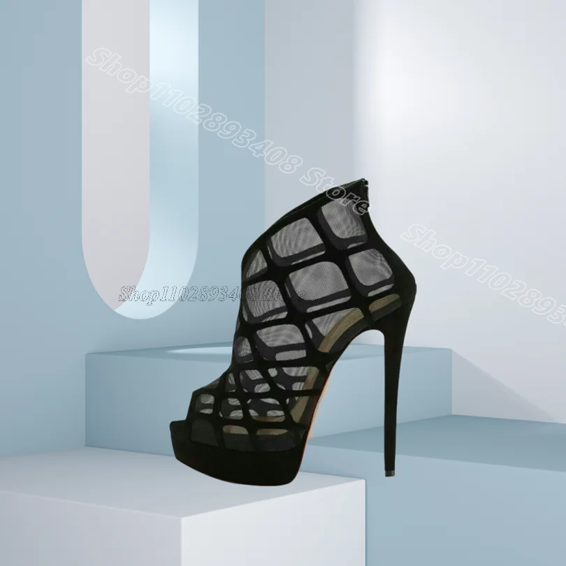 Escarpins à talons aiguilles en dentelle et maille d'air noire, plateforme en filet, bout ouvert, Style britannique, élégants pour femmes, escarpins de fête Sexy, 2025 Zapatos Para Mujere