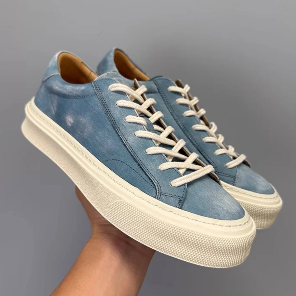 

QHCCID Men's Trendy Low Top Sneakers Casual Breathable Genuine Leather round Toe Lace-Up Non-Slip Chic Spring Fashion Shoes