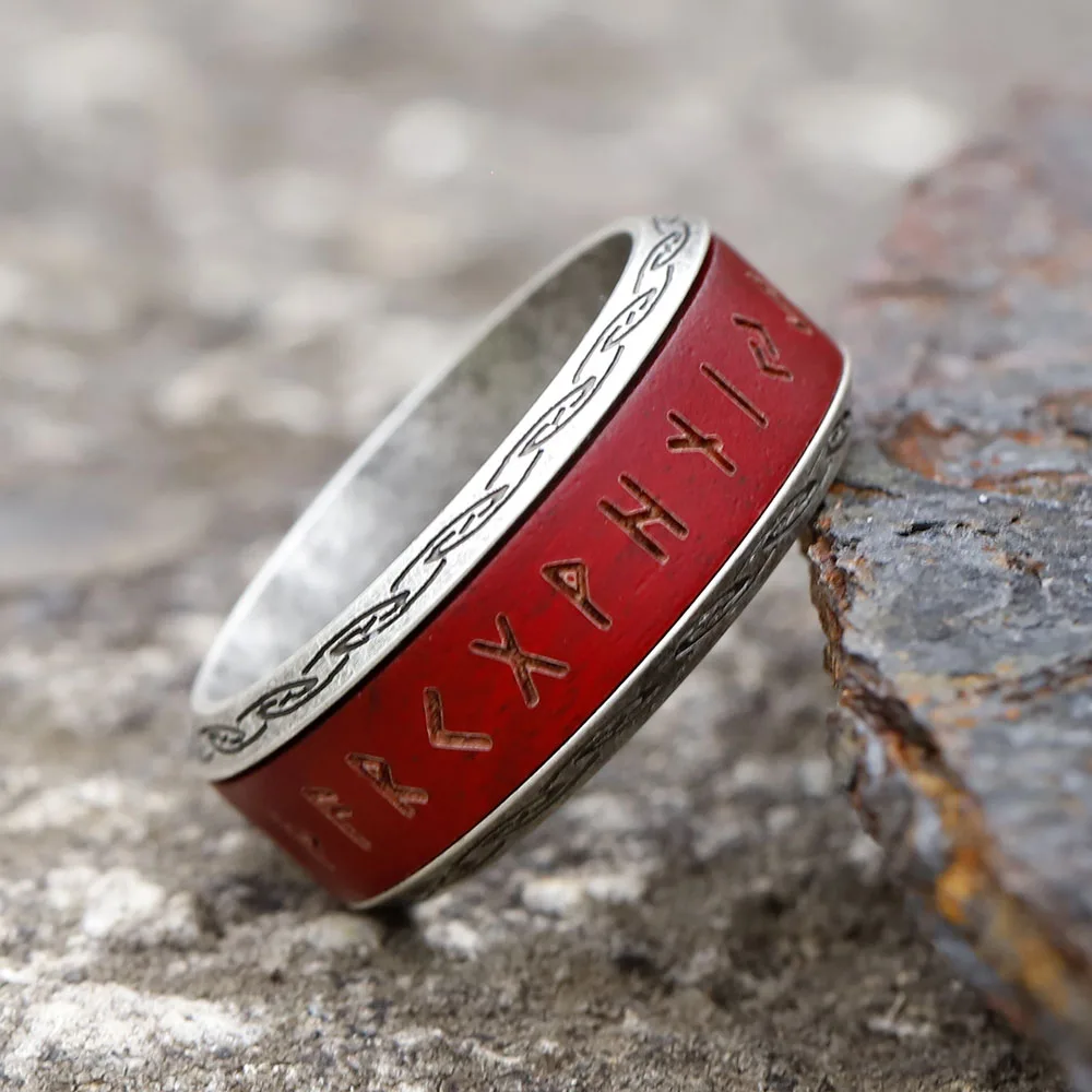 New Design 316L Stainless Steel Viking Runes Rosewood Ring For Men Round 8mm Engagement Ring Special Design Jewelry