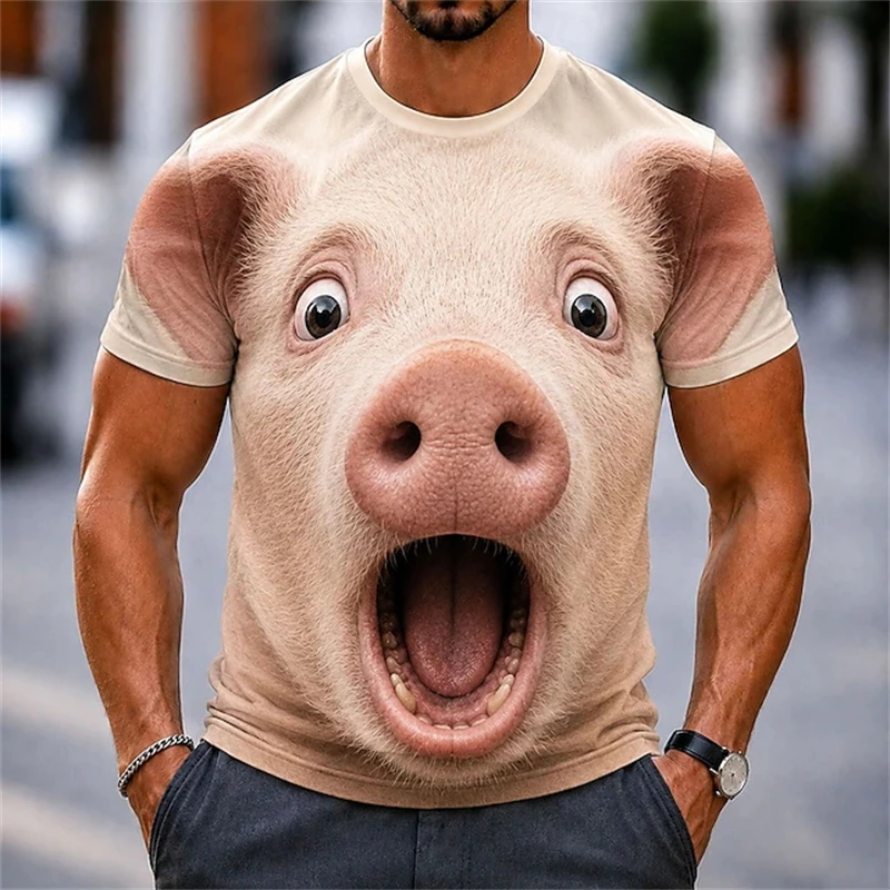 New Men's T-Shirt 3D Funny Surprised Animals Face Print  Pig Bunny Sheep Humorous Graphic Casual Short Sleeve Tops Y2K Clothing