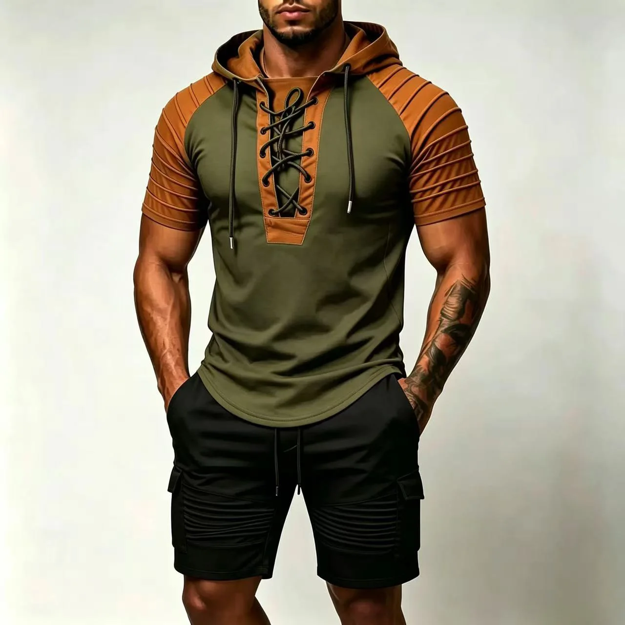 

American style Men's Sports Suit Summer New Hooded Lace up POLO Shirt & Sports Shorts 2-Piece Set Outdoor Men's Jogging Suit