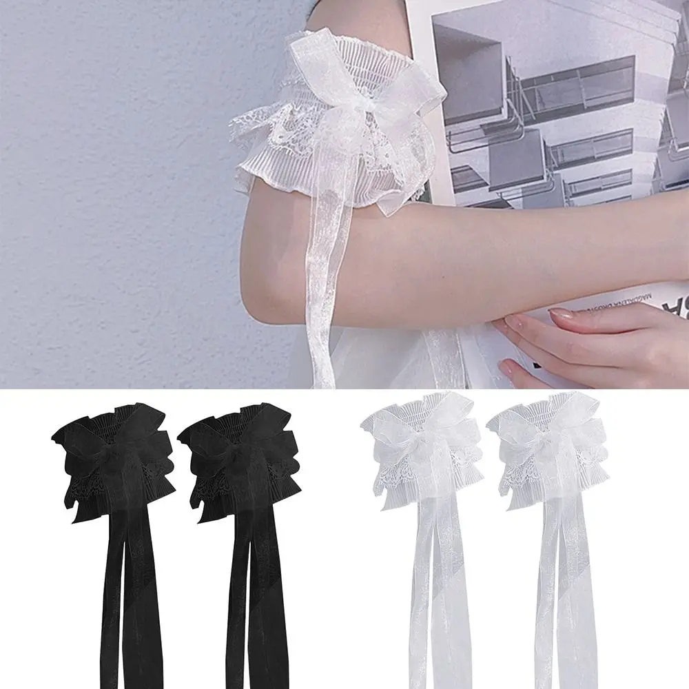 Arm Warmers Bowknot Arm Sleeve Elastic Ruffled Floral Layered Lace Arm Cover with Long Ribbon Oversleeves Wrist Cuffs Bridal