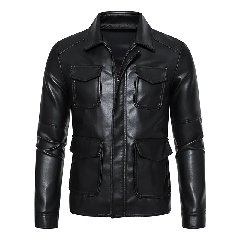 

Business Casual Men's PU Jackets Multi-pocket Fashion Tops Spring and Autumn Lapel Motorcycle Coats Black Leather Men's Clothing