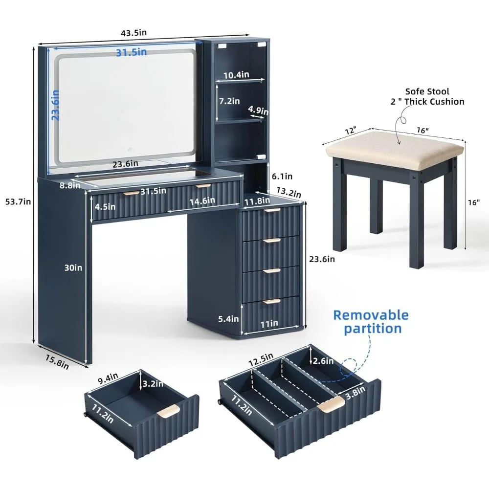 مكتب مكياج أزرق مضيء مع سطح زجاجي ومخرج طاقة، طاولة زينة مقاس 43.5 بوصة