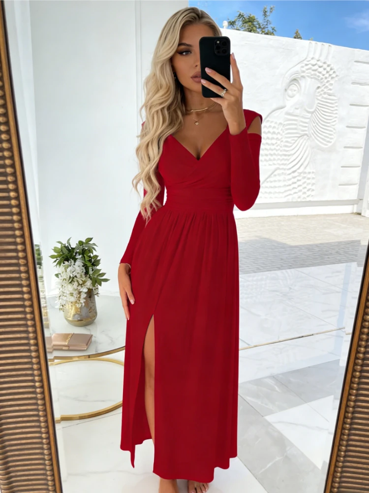 Rotes, langärmliges Maxikleid mit Ausschnitten, Damenmode, elegantes V-Ausschnitt, hoher Schlitz, Party-Abendkleid, schmale Passform, fließendes Freizeitkleid