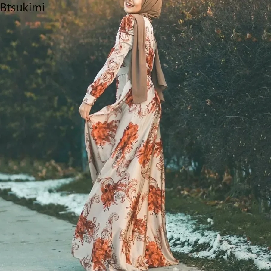 Fashion Muslim Long Dresses Hijab Women Printed Lace-up Slim Maxi Dress Islamic Clothing Mid East Arab Kaftan Robe Vestido Femme 4