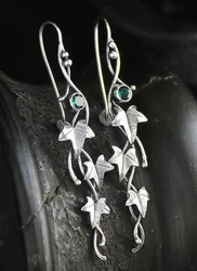 Ethnic Silver Color Metal Leaf Women's Earring Vintage Round Inlaid Green Zircon Long Personality Dangle Earrings Gift