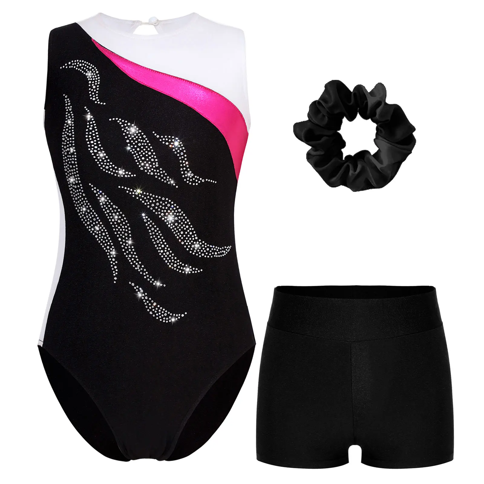 

Kids Girls Ballet Dance Sets Sports Gymnastics Workout Outfits Sleeveless Shiny Rhinestone Dance Leotards with Boxer Shorts Suit